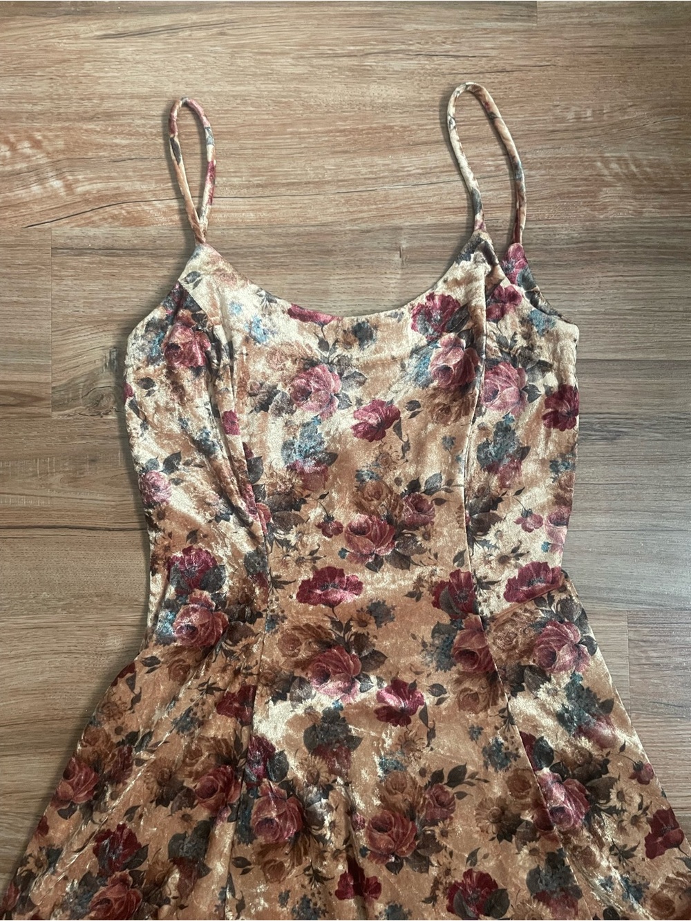 Vintage Rampage Floral Velvet Mini Dress in Champagne with Burgundy Roses Size 5 - Picture 2 of 6